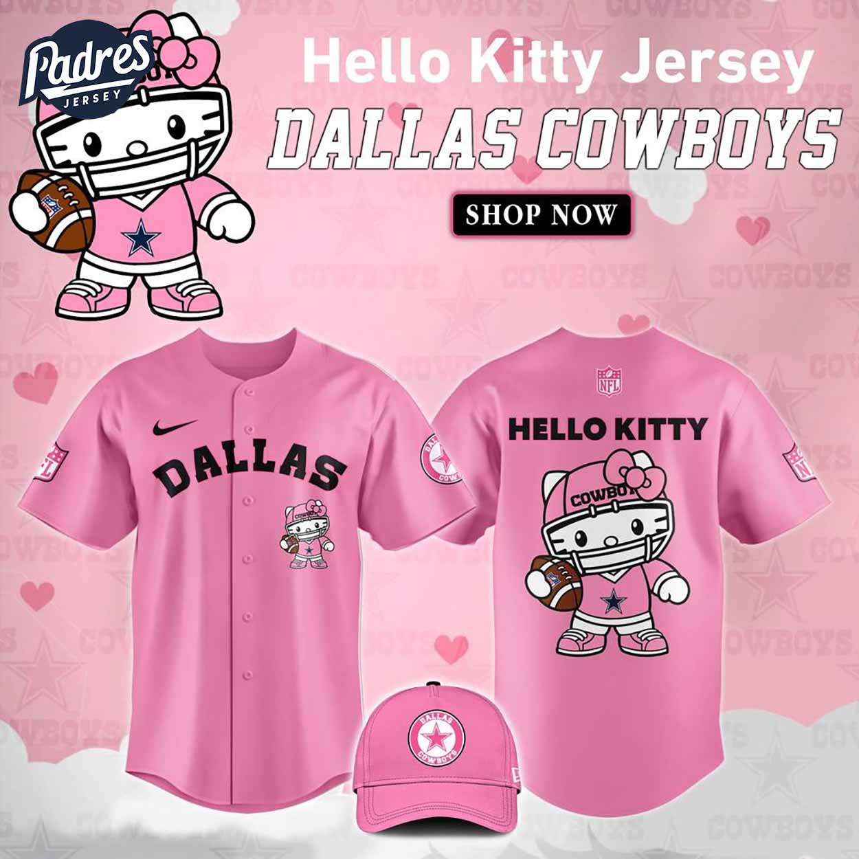 Dallas Cowboys Hello Kitty Pink NFL Baseball Jersey - Padres Jersey Oasis: Elevate Your Baseball Style Game