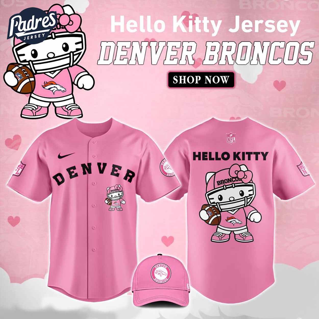 Denver Broncos Hello Kitty Pink NFL Baseball Jersey - Padres Jersey Oasis: Elevate Your Baseball Style Game