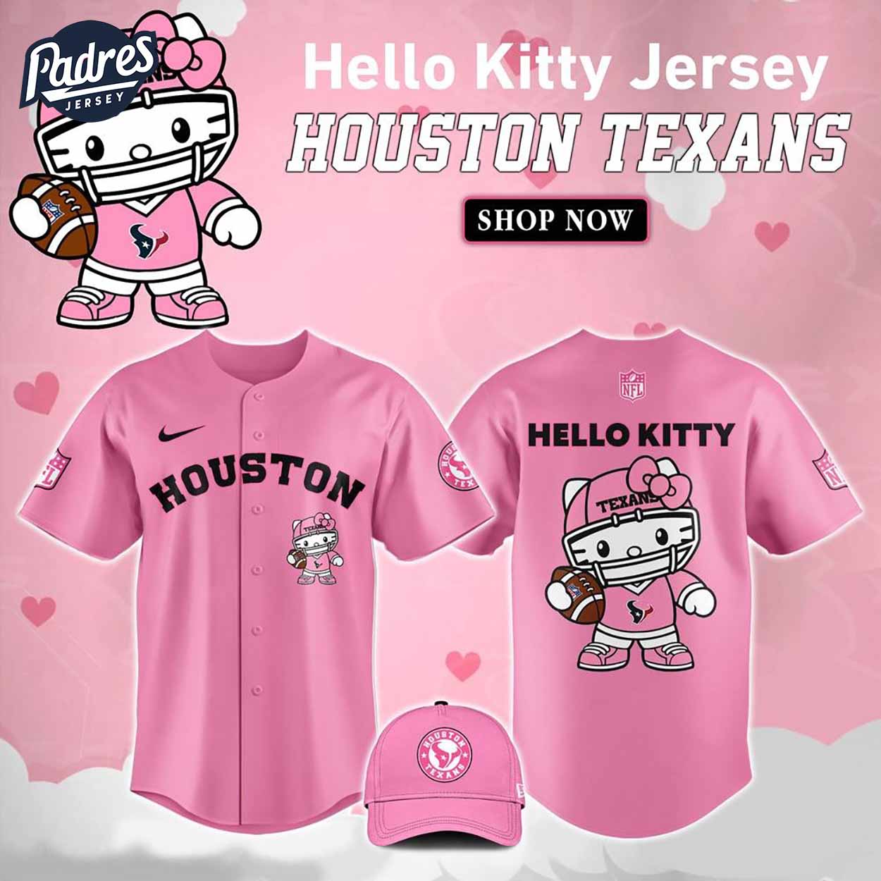 Houston Texans Hello Kitty Pink NFL Baseball Jersey - Padres Jersey Oasis: Elevate Your Baseball Style Game