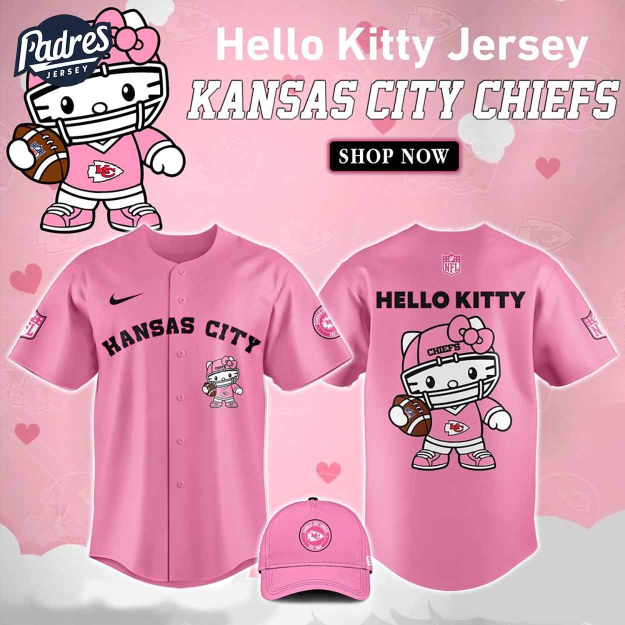 Kansas City Chiefs Hello Kitty Pink NFL Baseball Jersey - Padres Jersey Oasis: Elevate Your Baseball Style Game