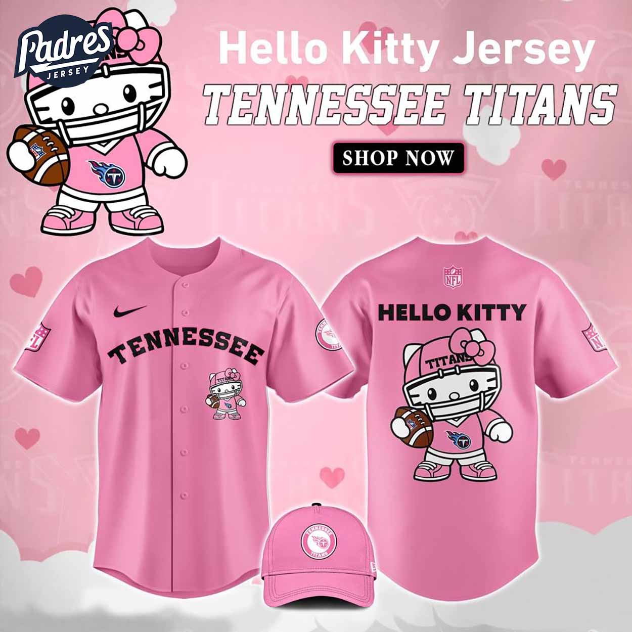 Tennessee Titans Hello Kitty Pink NFL Baseball Jersey - Padres Jersey Oasis: Elevate Your Baseball Style Game