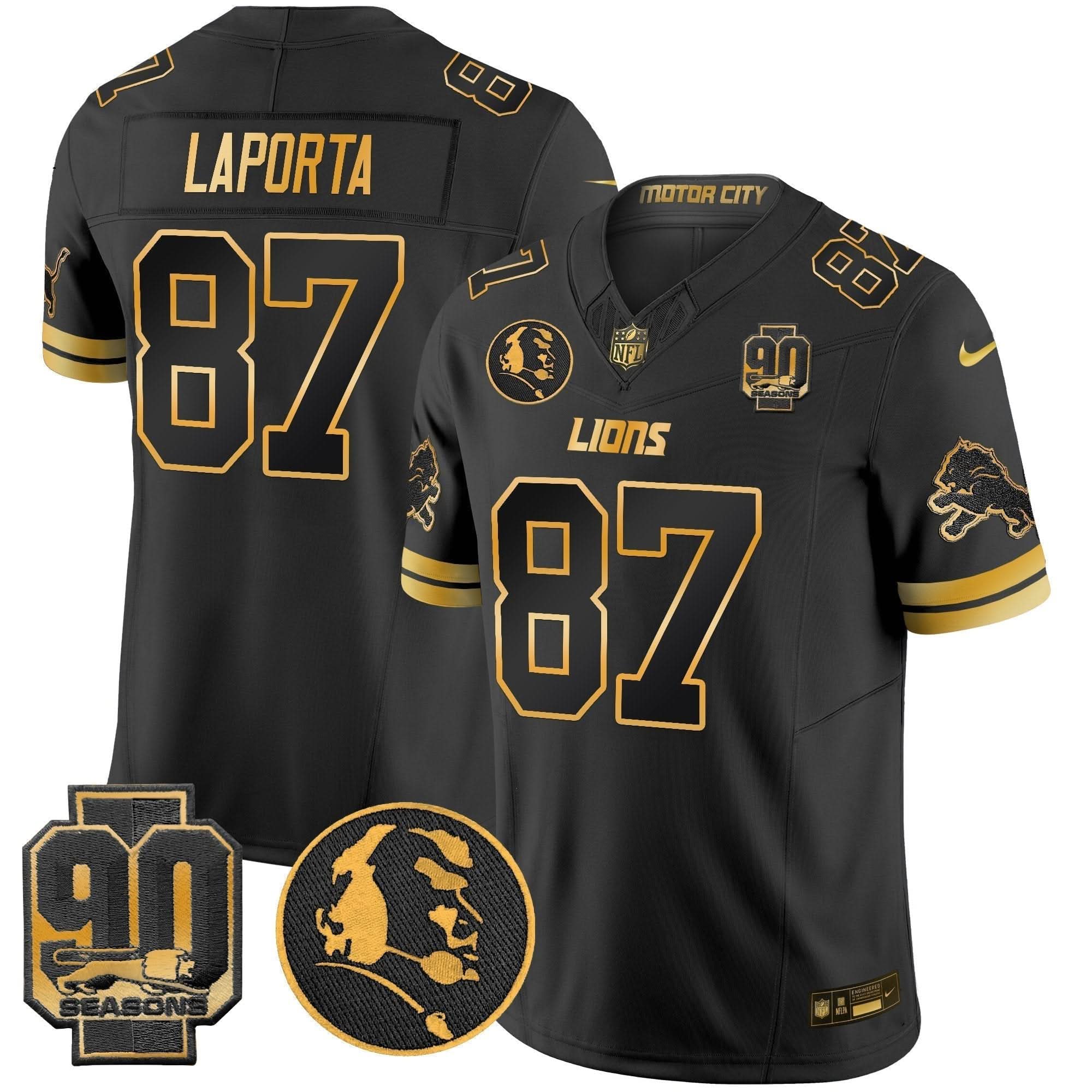 Detroit Lions 2024 90th & John Madden Patch Gold Vapor Limited Jersey V2 - All Stitched
